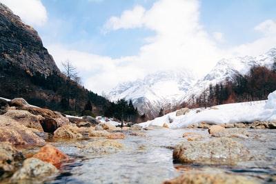 白雪覆盖的土地之间的河流